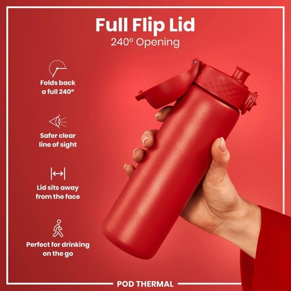 A red water bottle with a flip lid is held; the lid folds back 240°. The bottle is shown against a red background. The text reads: "Full Flip Lid 240° Opening," "Folds back a full 240°," "Safer clear line of sight," "Lid sits away from the face," "Perfect for drinking on the go," and "POD THERMAL".