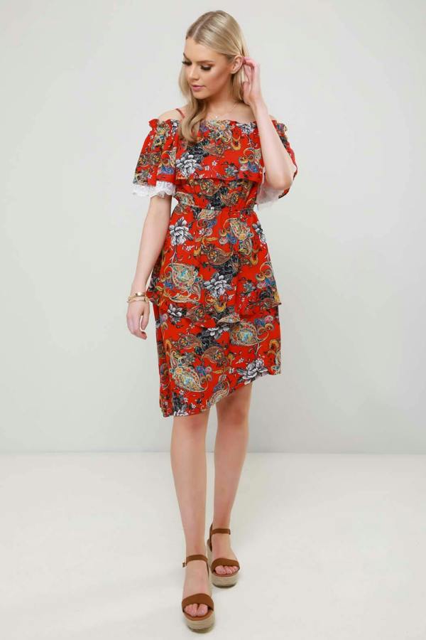 Urban Bliss Anita Red Paisley Asymmetric Ruffle Midi Dress
