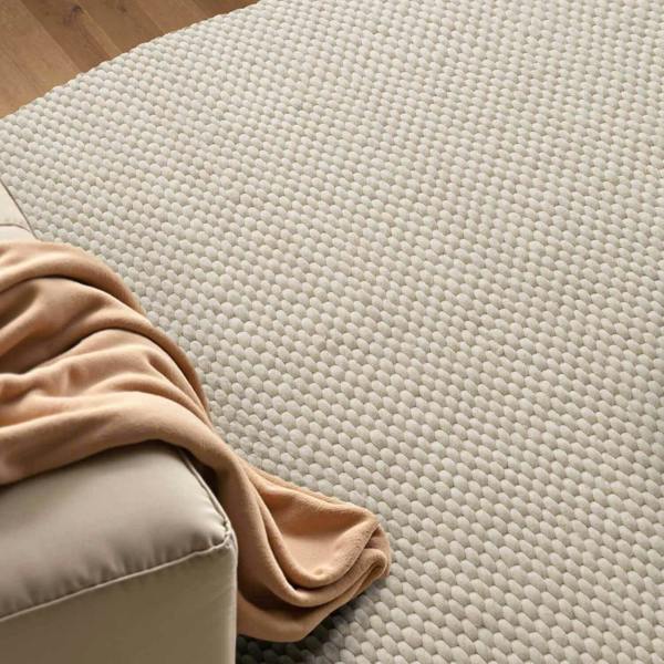 Beige textured rug with a corner of a beige sofa and a beige blanket.