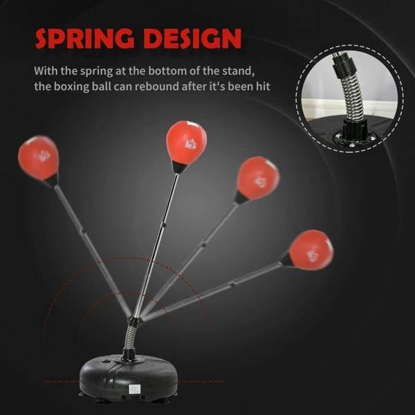 Punching bag spring stand with red inflatable ball on black base for rebound