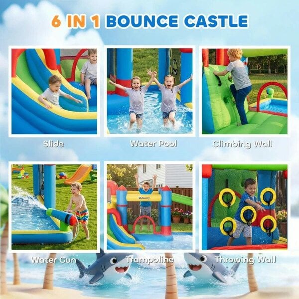6 in 1 Kids Bouncy Castle, with Water Slide, Water Gun, Climbing Wall, Air Blower for Indoors/Outdoors, 3.9 x 3 x 2m