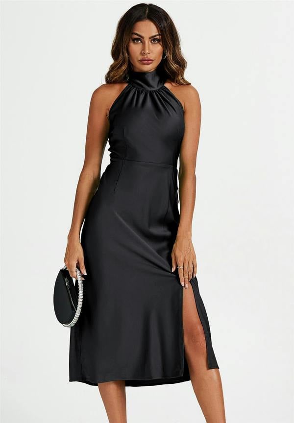 FS Collection Satin Halter Neck Tie Back Midi Dress In Black