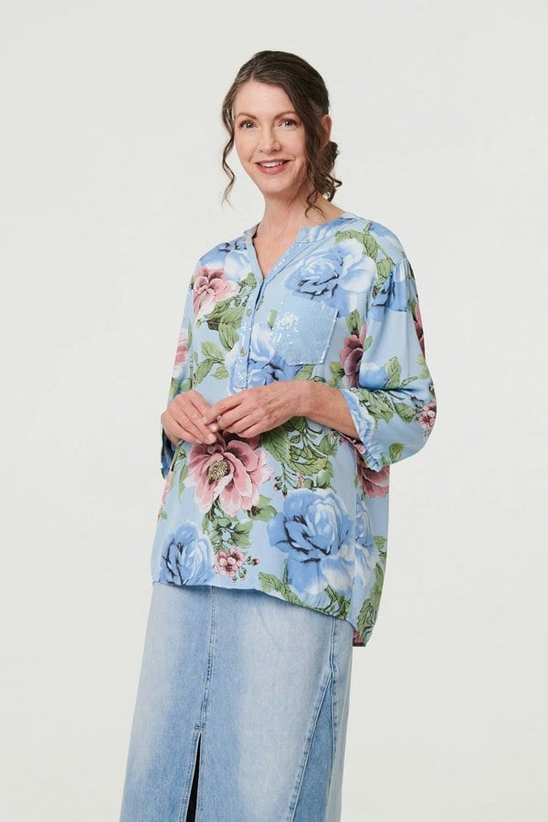 Light Blue | Floral Sequin Embellished Relaxed Blouse
