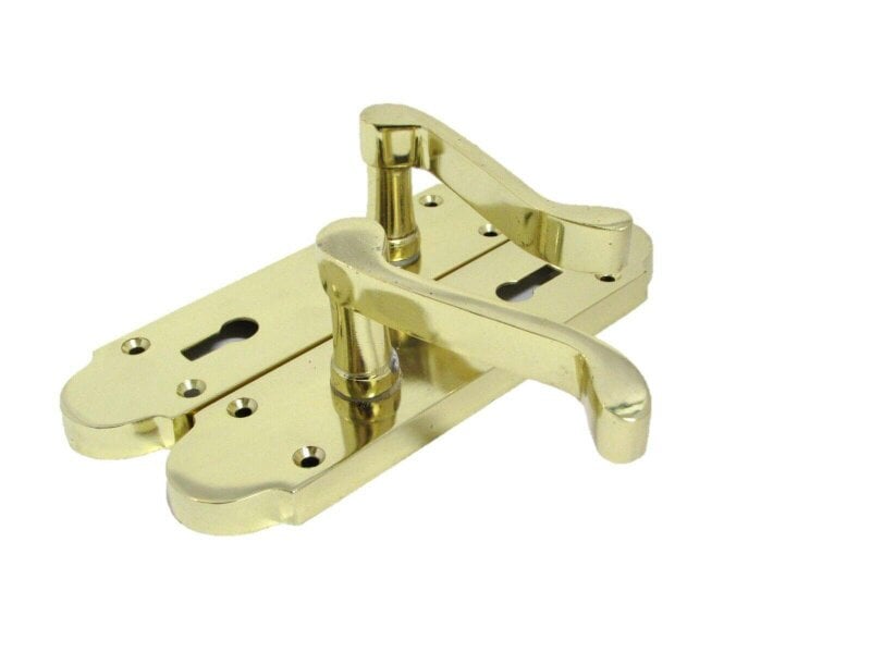 EDH Door Hardware Brass Finish Epsom Victorian Scroll Lock Door Handle on Shaped Back Plate +