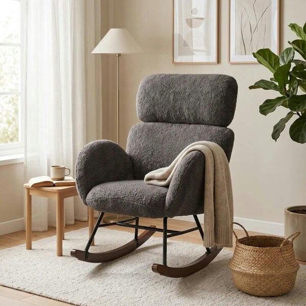 Upholstered Rocking Chair Adjustable Headrest Rocker Chair Raindrop Velvet Rubberwood Base Dark Grey
