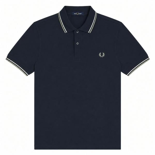 Fred Perry Twin Tipped Polo in Dark Airforce with Ecru/Seagrass tipping and embroidered logo.