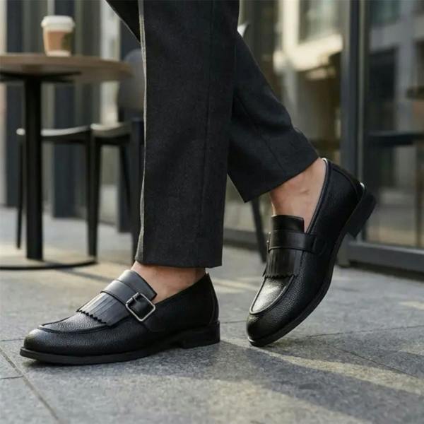 Dolcetto Mens Faux Leather Black Fringe Monk Strap Slip-On Loafers Shoes
