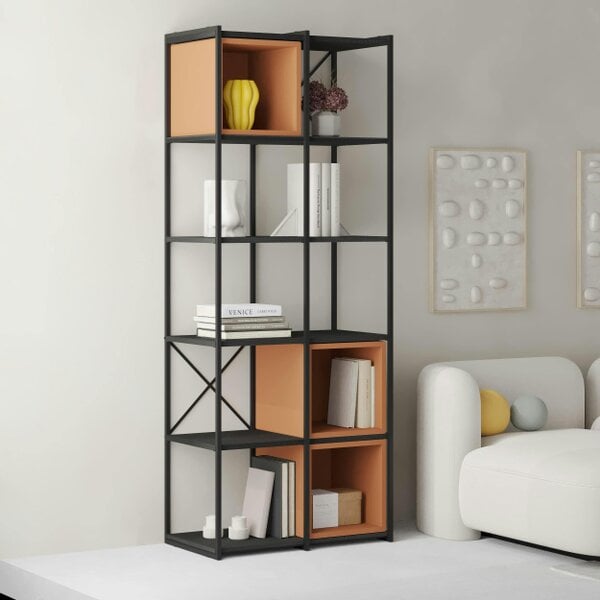 Decortie Modern Vale Midi Bookcase Display Unit 5-Tier Metal Frame 3 Adjustable Shelf 18mm Engineered Wood (Black Wood