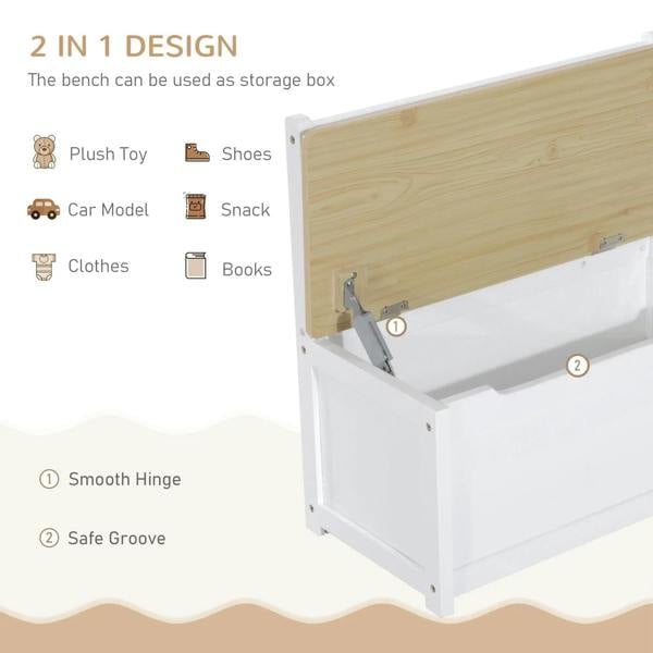 Storage bench detail with hinged beige top on white frame and safety groove hardware