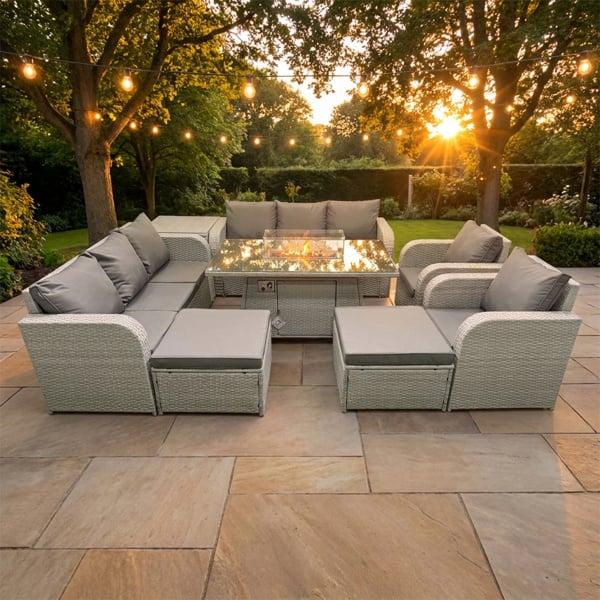 Fimous 10 Seater Rattan High Back Lounge Sofa Set with Fire Pit Dining Table, 2 Reclining Chairs, 2 Sofas, 2 Footstools & 1 Side Table - Light Grey