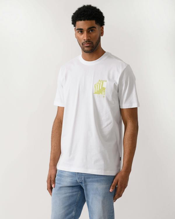 model wearing a BOSS Orange Te Board Mens T-Shirt in White 100