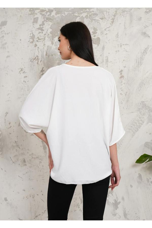 Hoxton Gal Oversized V Neck Tie Front Detailed Blouse with 3/4 Sleeves in White