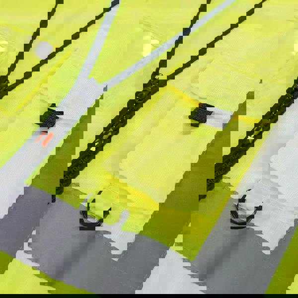 Scruffs High Visibility Mens Hi-Viz Technial Zip Up Vest, close-up of bright yellow high visibility vest with black zipper and reflective strips for safety.