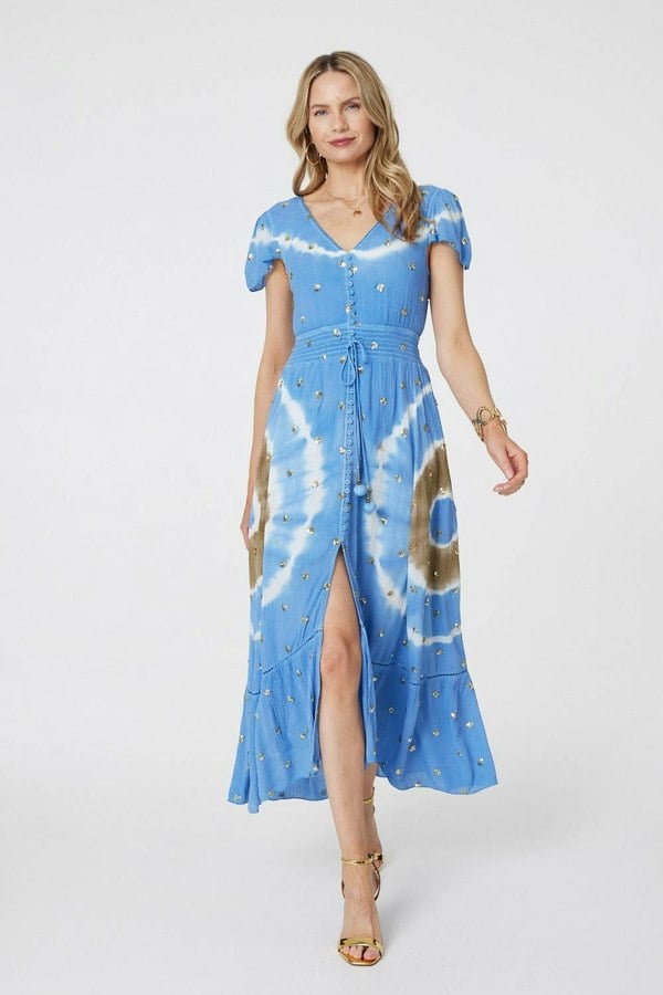 Blue | Tie Dye Print Shirred Tie Waist Midi Dress

