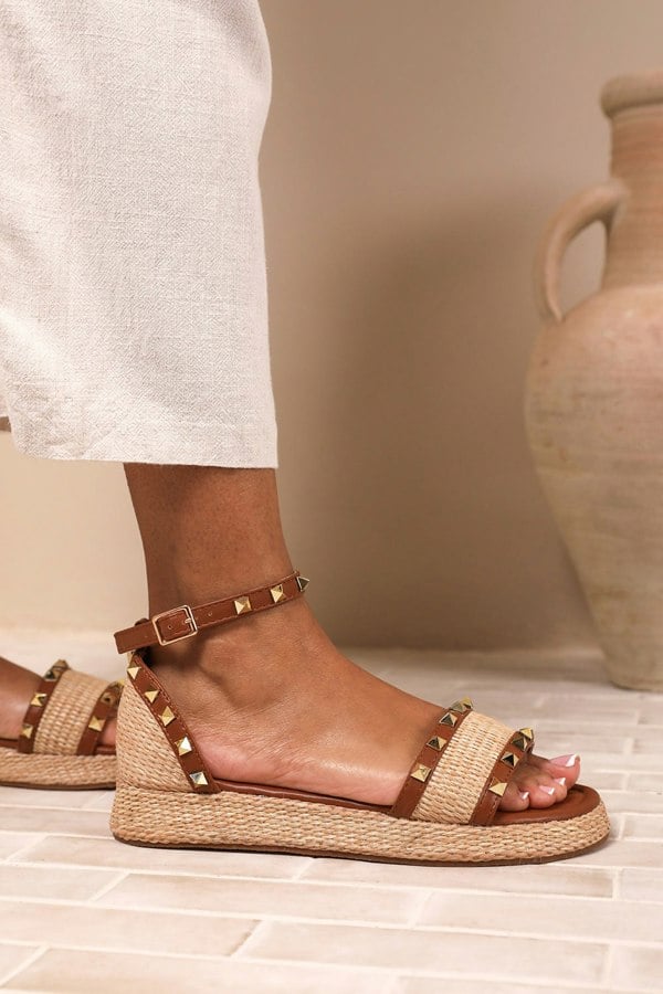 Where's That From Aviva Studded Gladiator Braided Strap Espadrille Flatform  in Tan Faux Leather