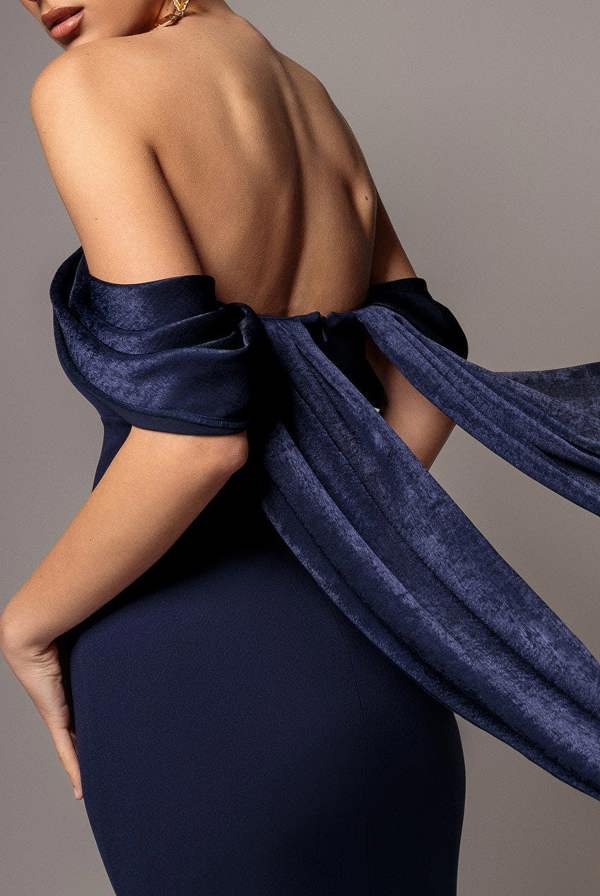 Off Shoulder Velvet Satin Wing Cape Maxi Dress - Navy Blue DR5079