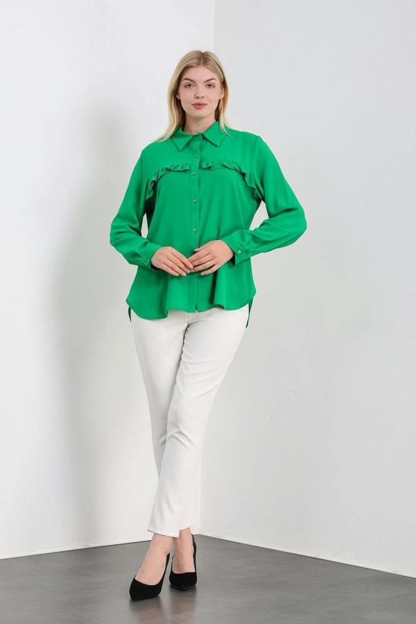 Hoxton Gal Oversized Frill Detailed Long Sleeves Blouse Shirt in Green