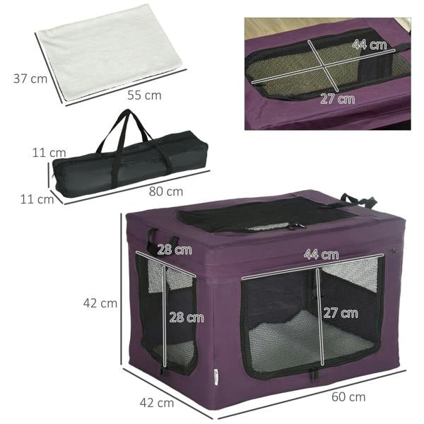 Purple pet carrier with cushion, shown with size and interior dimension diagrams