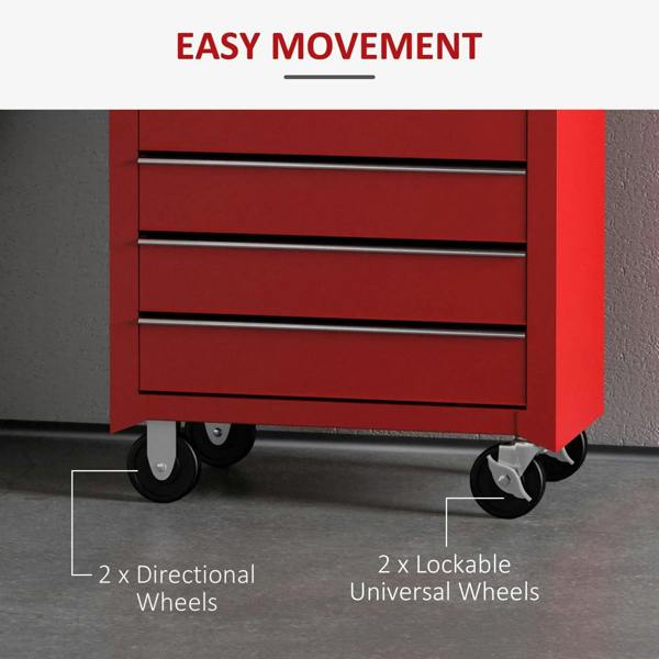 Red tool cabinet on caster wheels with lockable universal wheel design