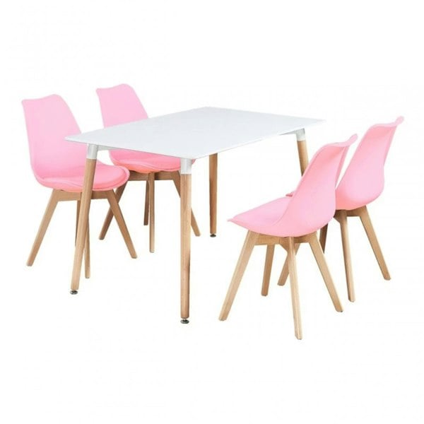 Life Interiors 5PCs Dining Set - a White Halo Dining Table & Set of 4 Lorenzo Tulip Chairs with Padded Seat