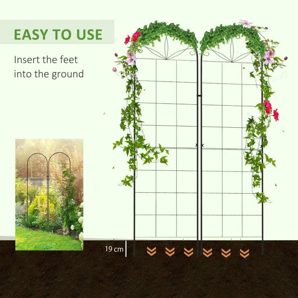 Black metal trellis set of 2 with arched grid panels and ground-inserting feet