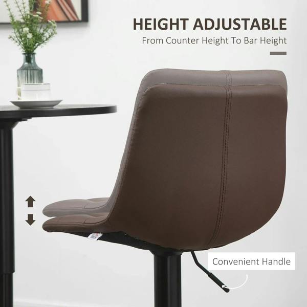 Brown height-adjustable barstool with padded back, side handle, and black pedestal base