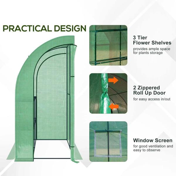 Green greenhouse with three-tier flower shelves, 2 zipper roll-up door, window screen