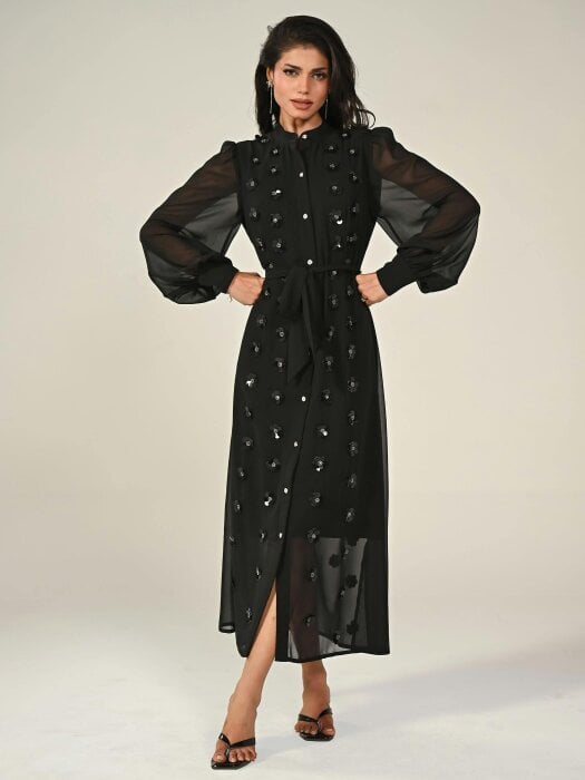 Rose & Nancy Morena Black Hand Embellished Midi Shirt Dress