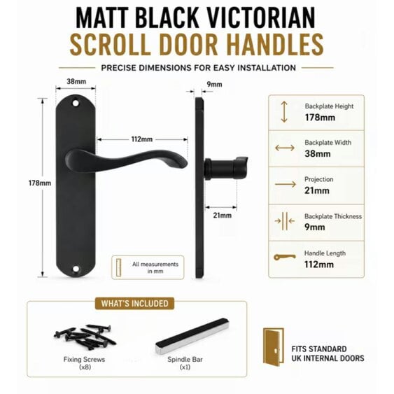 EDH Door Hardware 5 Pairs Matt Black Cadenza Victorian Scroll Door Handles with Tubular Latches – 178mm x 38mm