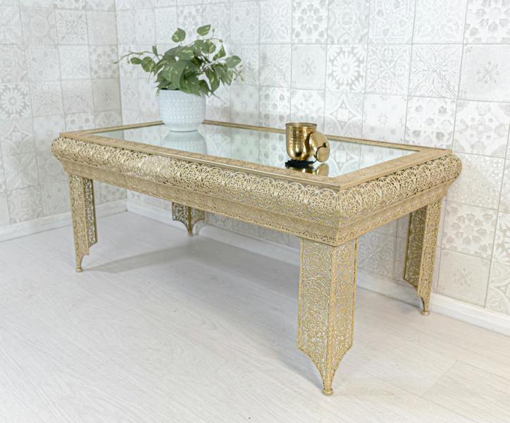 Light Gold Embossed Metal Mirrored Glass Coffee Table - Agadir Range