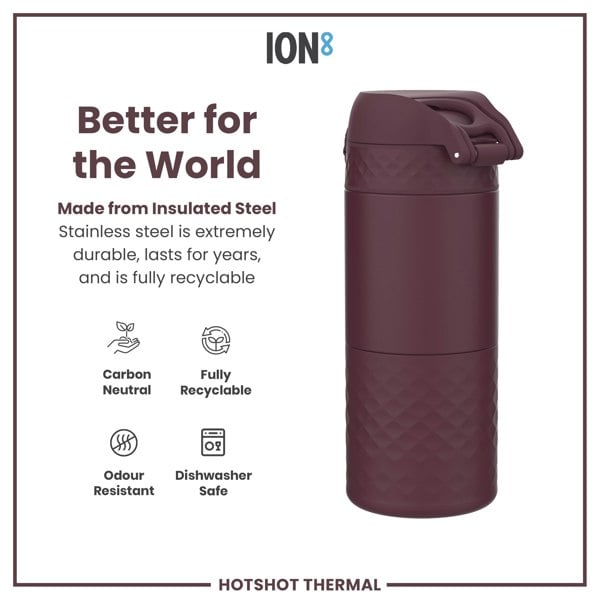 A dark-burgundy insulated steel thermos sits against a white background; it is carbon neutral, fully recyclable, odour resistant, and dishwasher safe.