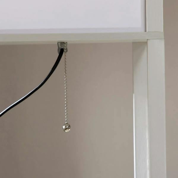 White floor lamp shelving unit with hanging chain pull and lit panel