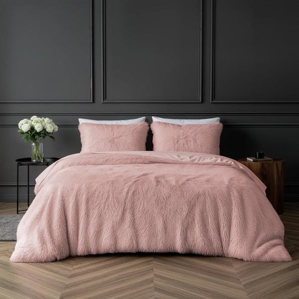 Smart Living Teddy Long Pile Faux Fur Duvet Cover with Pillowcases - Blush Pink