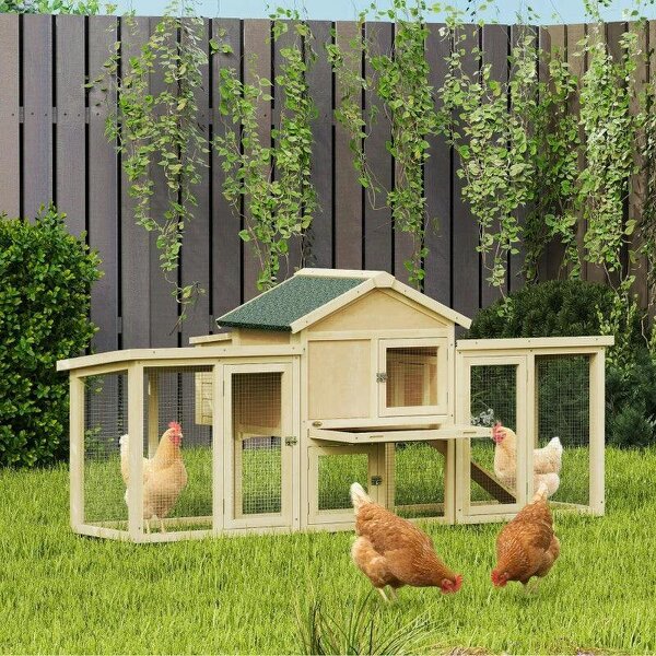 Large Chicken Coop, Wooden Outdoor Chicken Cage Poultry Hen House with Nesting Box - Natural Wood