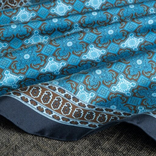Otway & Orford 'Arabesque' tile design silk pocket square in turquoise, brown & navy (42 x 42cm)
