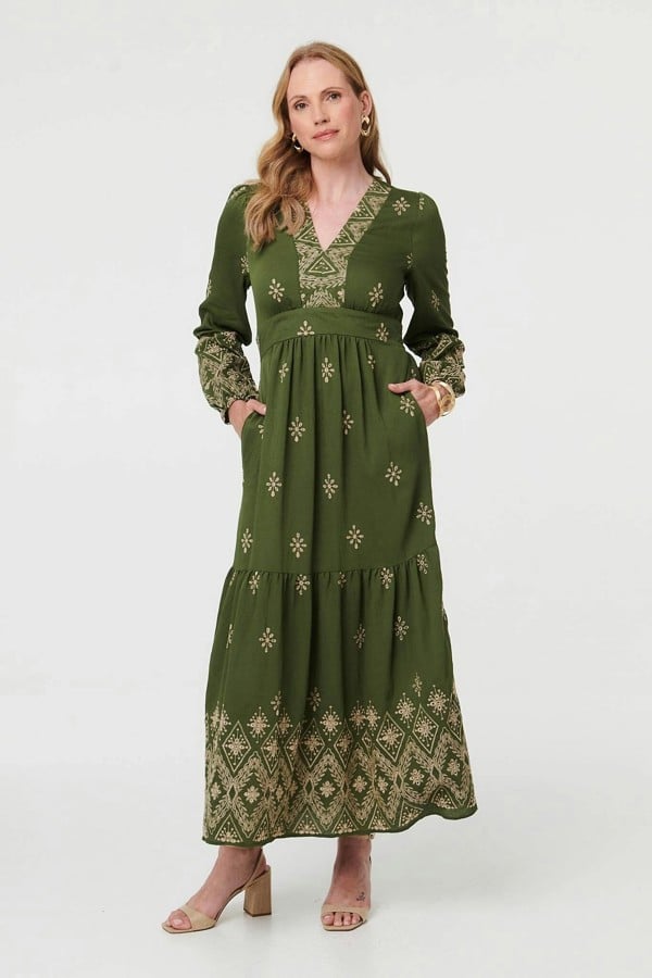 Izabel London Border Print Long Sleeve Maxi Dress - Sage