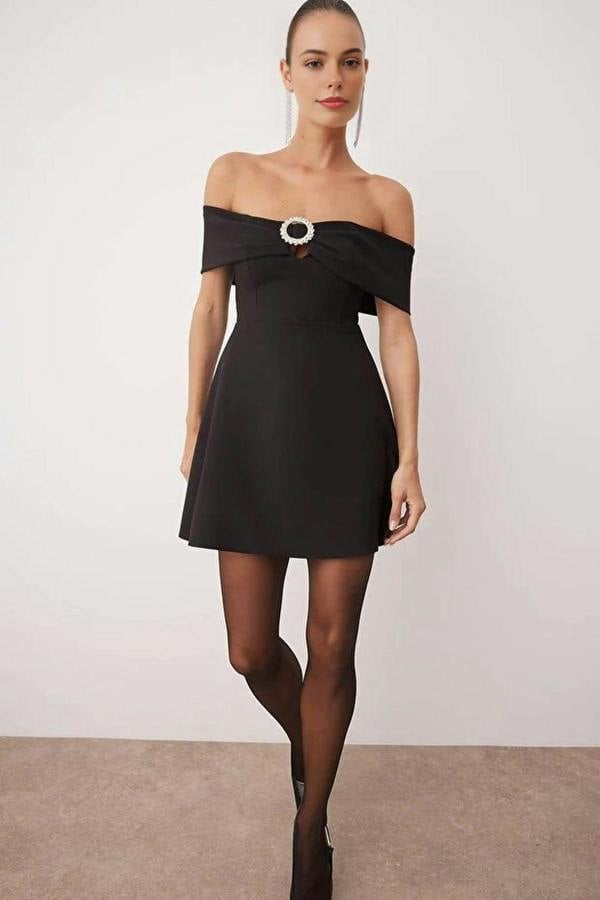 WOVCOR Carmen Collar Dress with Stone Accessory Detail