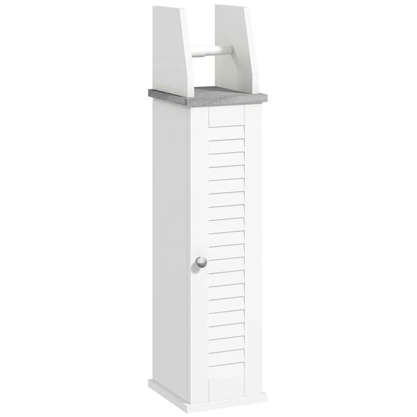 White slim bathroom floor cabinet with roll holder, cupboard door and slatted shelf
