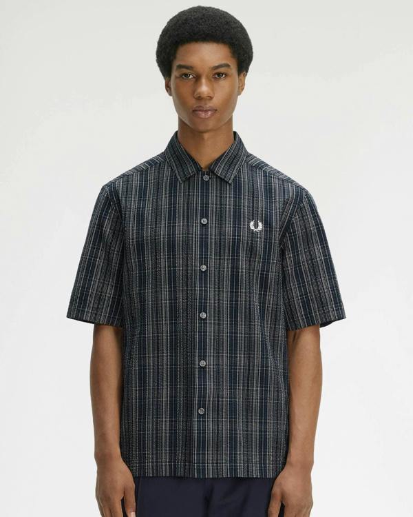 Fred Perry Mens Seersucker Check Shirt - Navy 608 | CHO | Designer Mens Short Sleeve Shirts