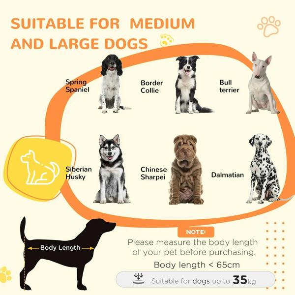Indoor dog kennel size guide graphic with multiple dog silhouettes; kennel shown in center