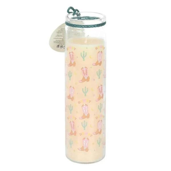 Clear tube candle with pastel cowboy boot and cactus pattern, teal ribbon top