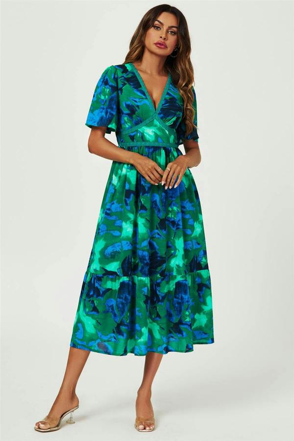 FS Collection Abstract Floral Print Lace Detail Angel Sleeve Maxi Dress In Green