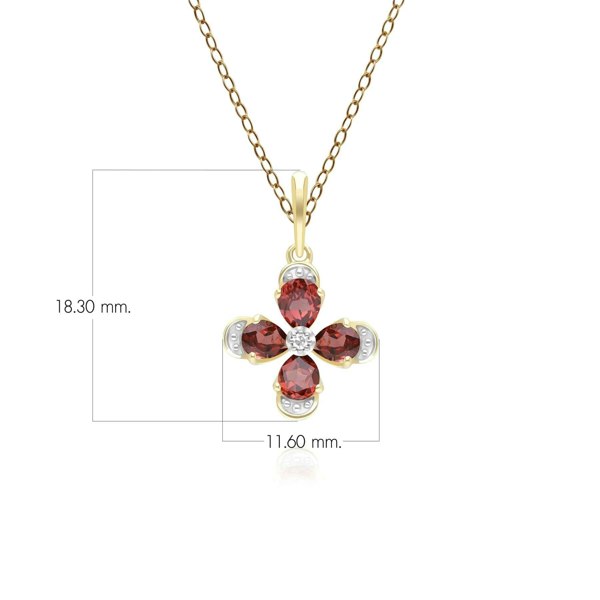 Gemondo Floral Garnet & Diamond Pendant Necklace in 9ct Yellow Gold