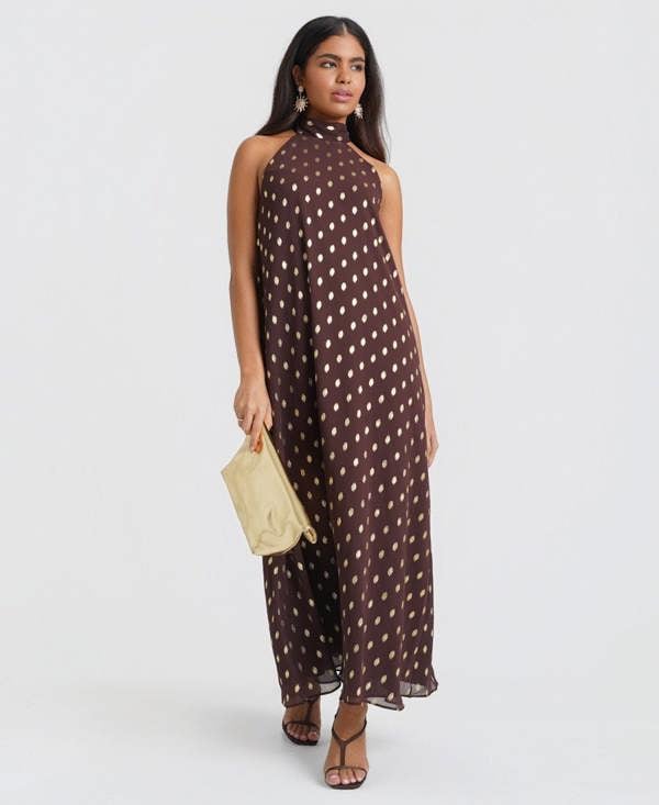 Chocolate Foil Halter Neck Maxi Dress