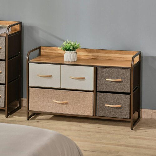 Wyld Haus Zini Brown 5 Linen Drawers Dresser With Steel Frame And Wood Top