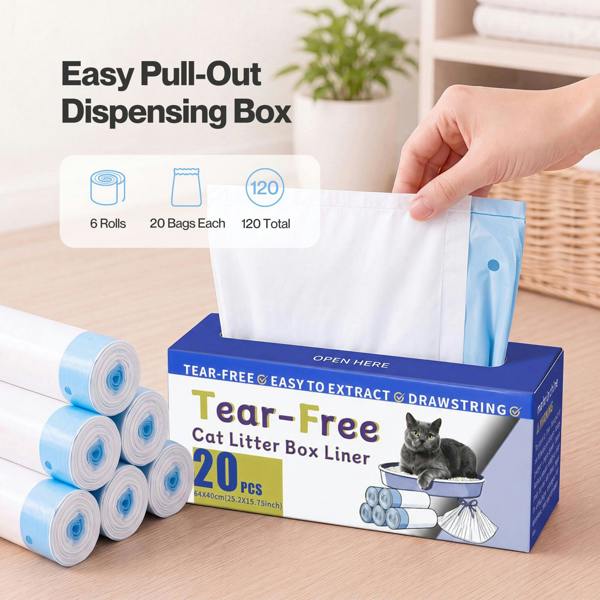 Skylos Cat Litter Bags Drawstring Tear Resistant 120 Pack Auto Litter Tray Blue
