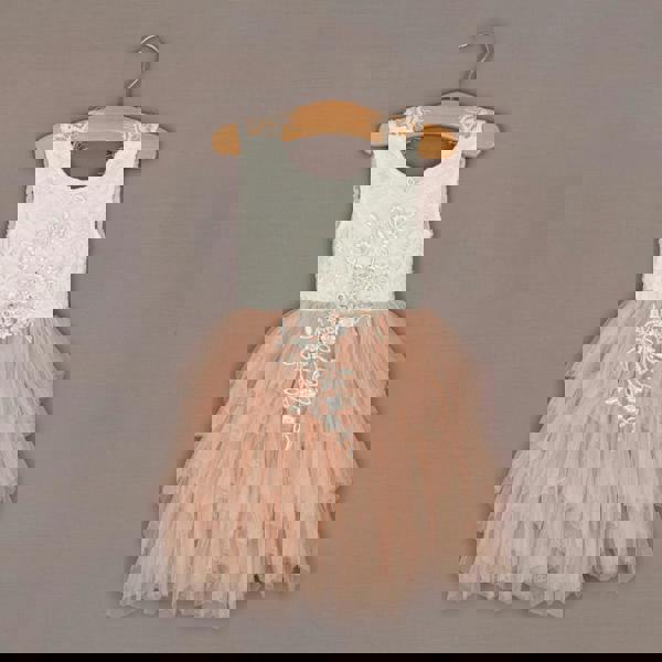 Two-tone dress with lace details on a hanger against a plain background