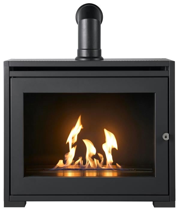 OKO S6 Bio Ethanol Stove in Charcoal Grey with Angled Stove Pipe