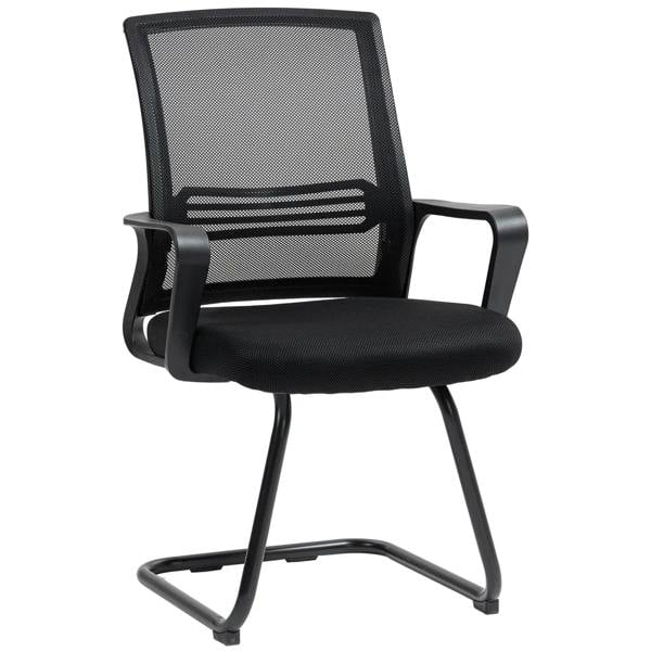 Black padded office meeting chair with mesh back and sled base