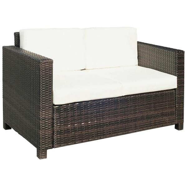 Brown wicker 2-seater sofa with padded seat/back cushions and armrests